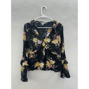 American Eagle Womens Top Size XS Black Floral Long Sleeve V-Neck Ruffled